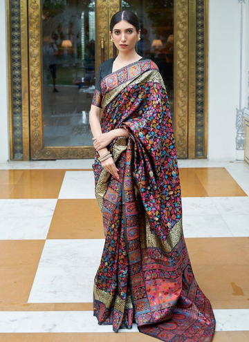 Black Party Wear Saree In Kashmiri Modal Handloom Weaving Work